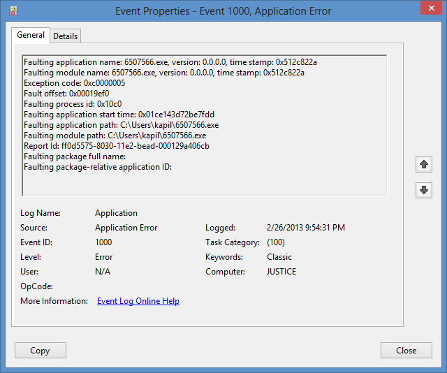 Windows Event Viewer Error Dialog