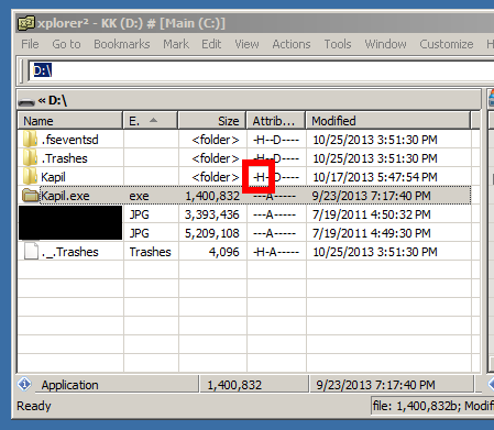 xplorer2 window showing hidden folder